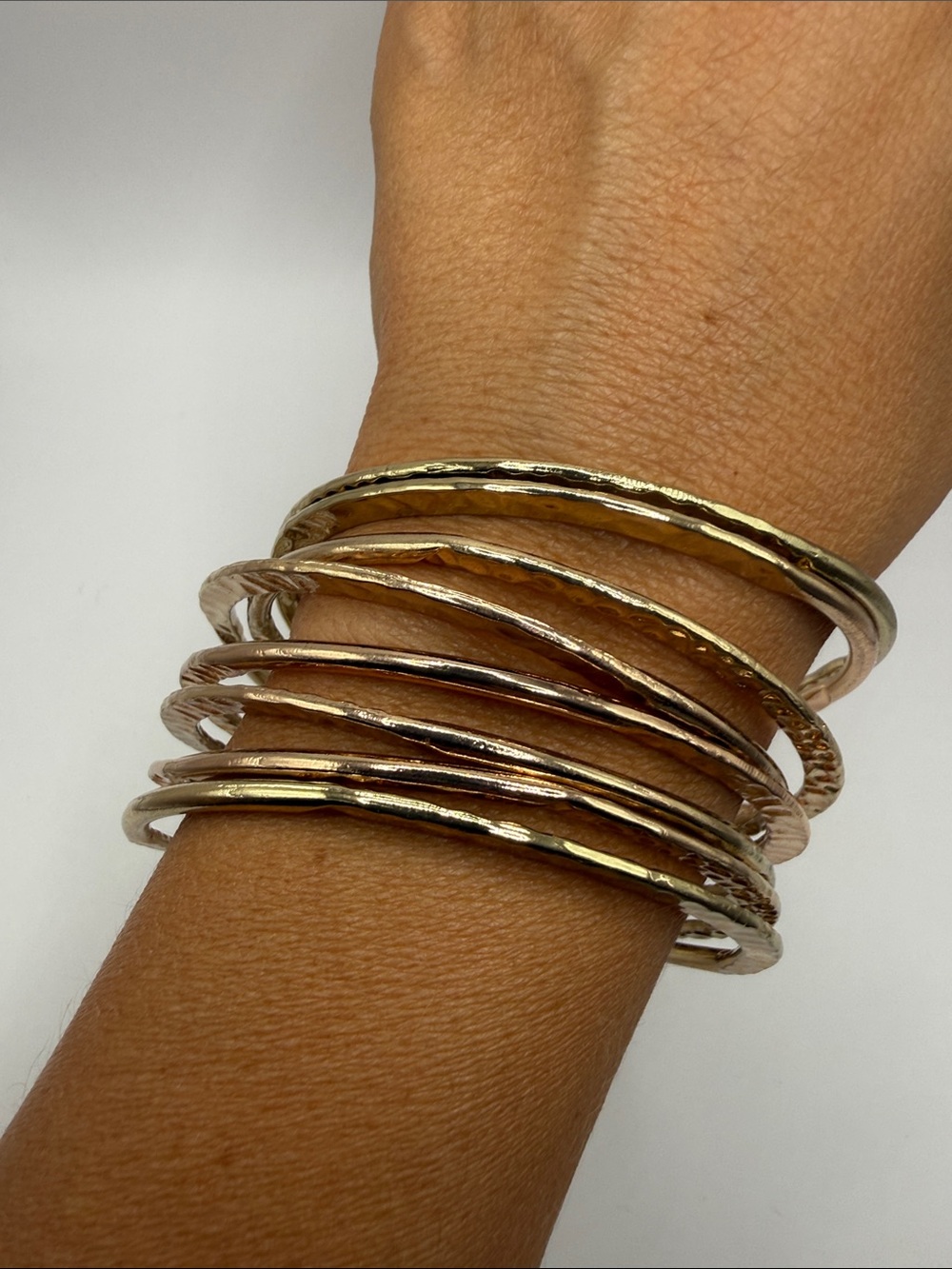 Vintage Gold Tone Hammered Metal Set of 8 Bangles Statement Bracelets